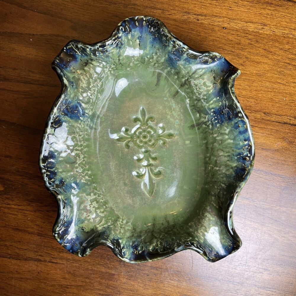 “Southern Charm Pottery” Blue & Green Glazed Ruffle-rim Edge Clay Bowl w/ Cross